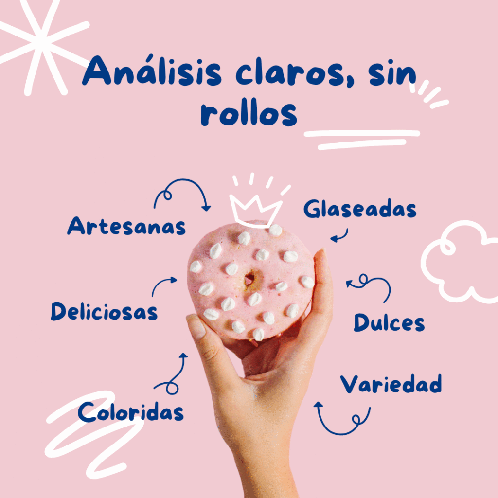 Mano que sostiene un donuts rosa y alrededor salen flechas remarcando sus características