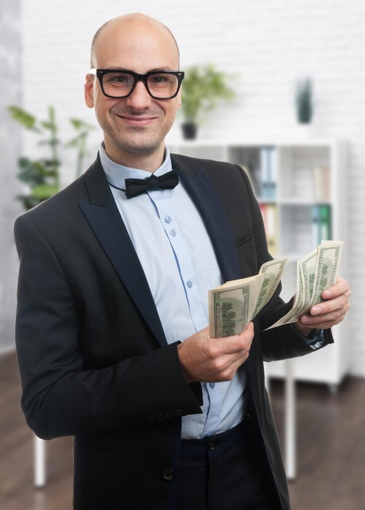 man, money, smile, happy, glasses, guy, banknotes, bills, cash, professional, finance, portrait