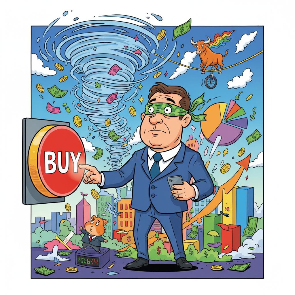 caricatura de una persona comprando a ciegas un curso de trading pensando que así multiplicará su dinero